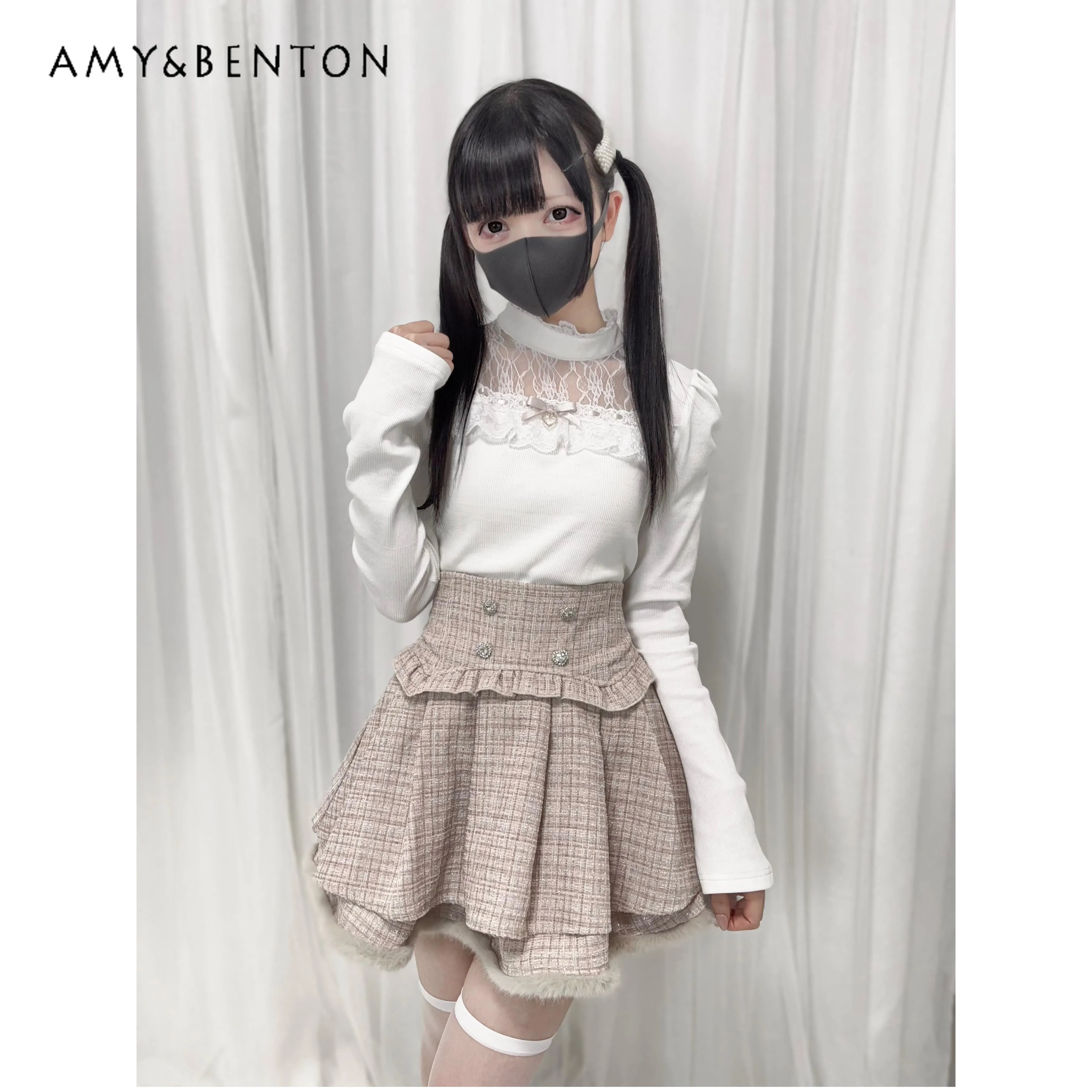 Lace Splicing Stand-up Neck Long-sleeved Knitted Sweater Bottoming Japanese Mine Series Mass-produced Versatile Lolita Jumper