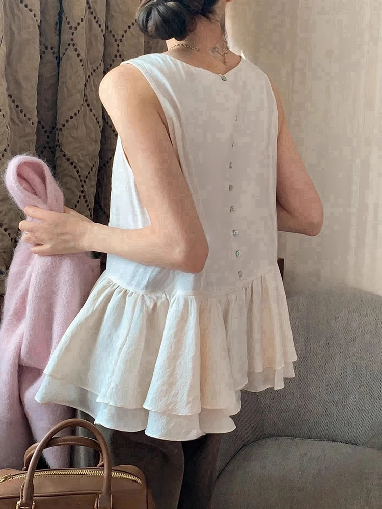

Liangliang Home Patchwork Lace Trim Vest irt Women Summer New Design Ba Button No Sve Layered Top Korean Sle Slim Fit