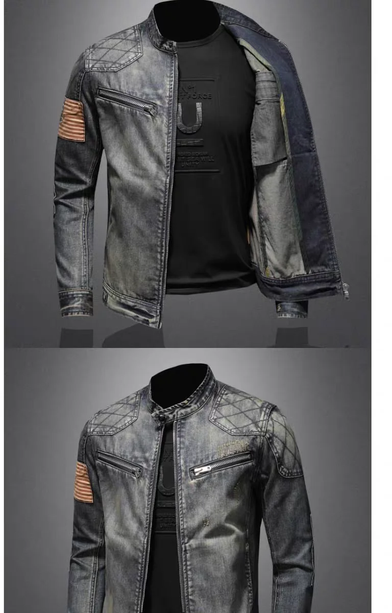 2024 new men's denim jacket trendy retro fashion casual stand-up collar zipper jacket handsome riding biker clothing denim tops 27 Sbce5caef9fb24cd6814a012514272a85Q