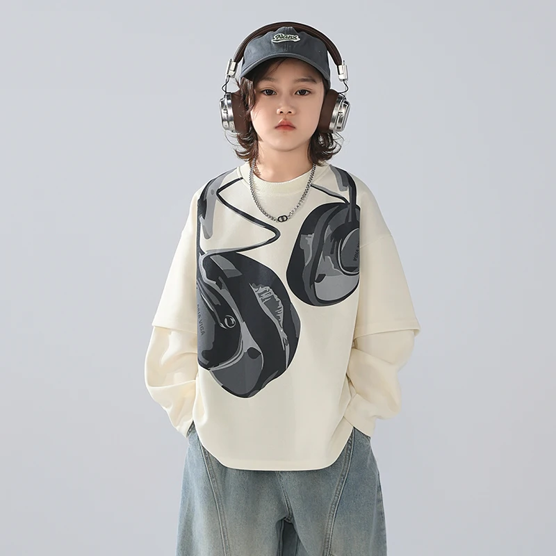 

Spring Autumn Style Children Long Sleeve Cotton T-shirt with Headphone Print for Tween Boy High Fashion Tshirt Kids Cool Tee Top