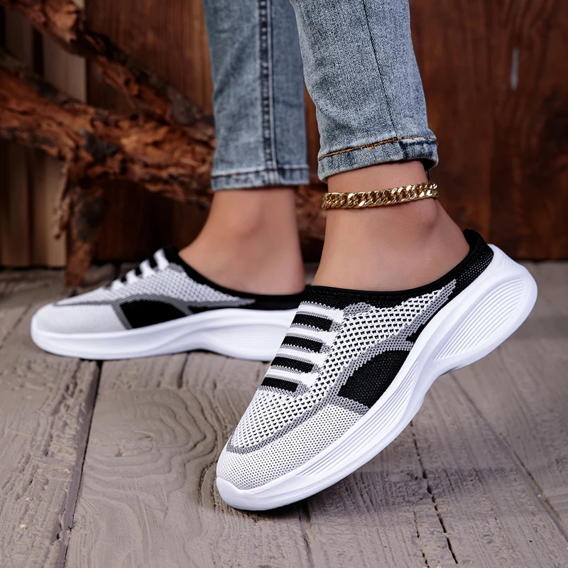 

Summer Fly Woven Sports Mule Slippers Lazy Slip on Platform Half Slides Fashion Versatile Casual Trendy Shoes for Women