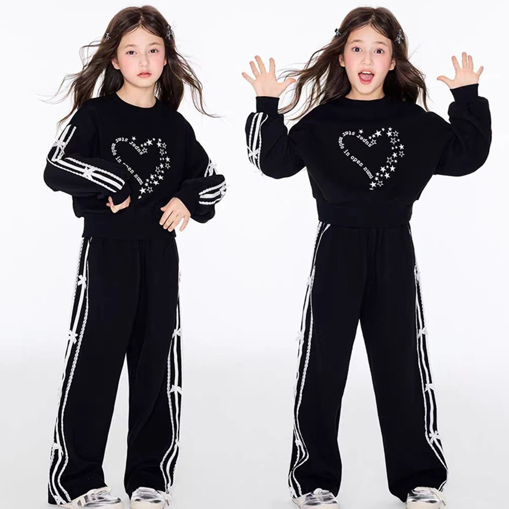 Spring/Autumn Teenager Girls Cloth heart sweatshirt hooded stars + bow wide leg pant teens child set 4 6 8 10 12 14 15 Year