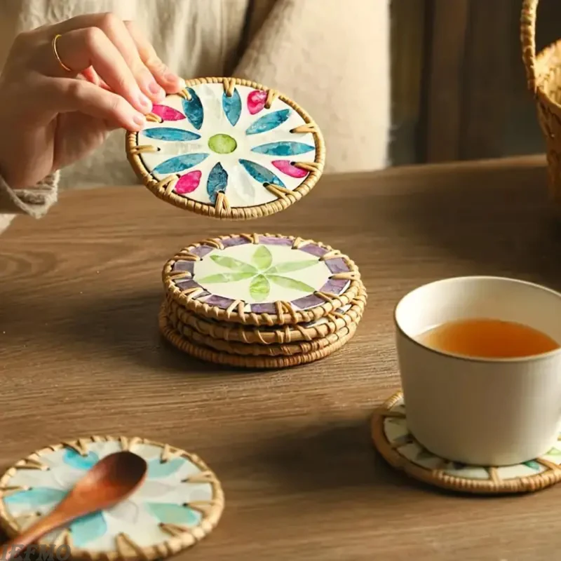 Anti-scalding Rattan And Ceramic Shell Coasters Handmade Creative Colorful Round Coffee Table Mats Bowl Mats For Home Decor
