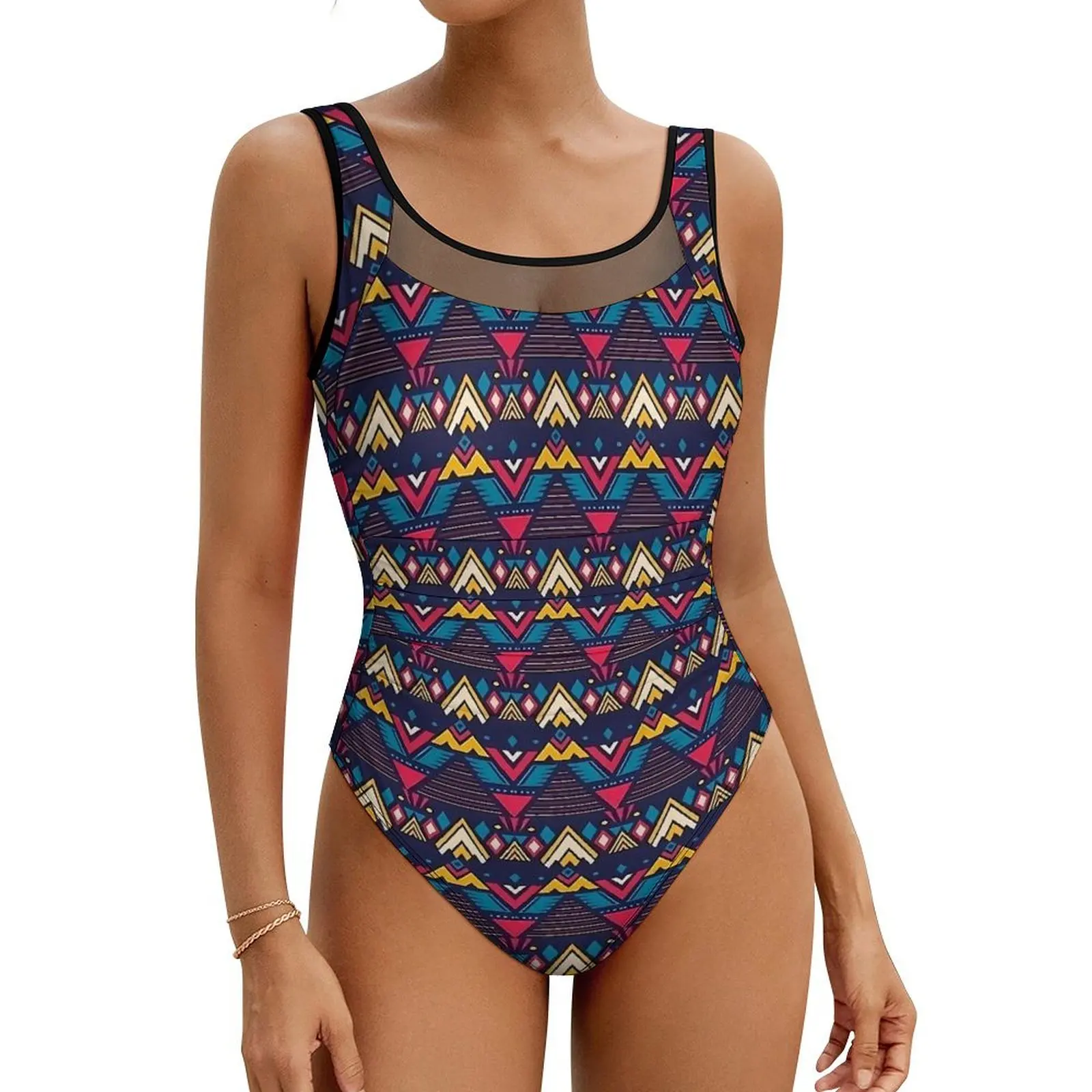

Aztec Art Swimsuit Purple Vintage Print Push Up Swimwear One-Piece Sport Monokini Bodysuit Sexy Graphic Beach Wear Large Size