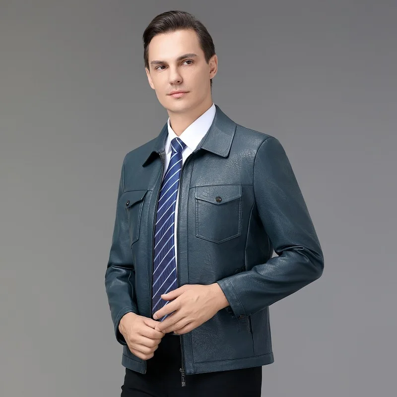 سترة جلدية للرجال خريف وشتاء جديد للشباب كاجوال بسحاب وطية صدر السترة بلون سادة معطف سميك سترة جلدية للرجال عصرية