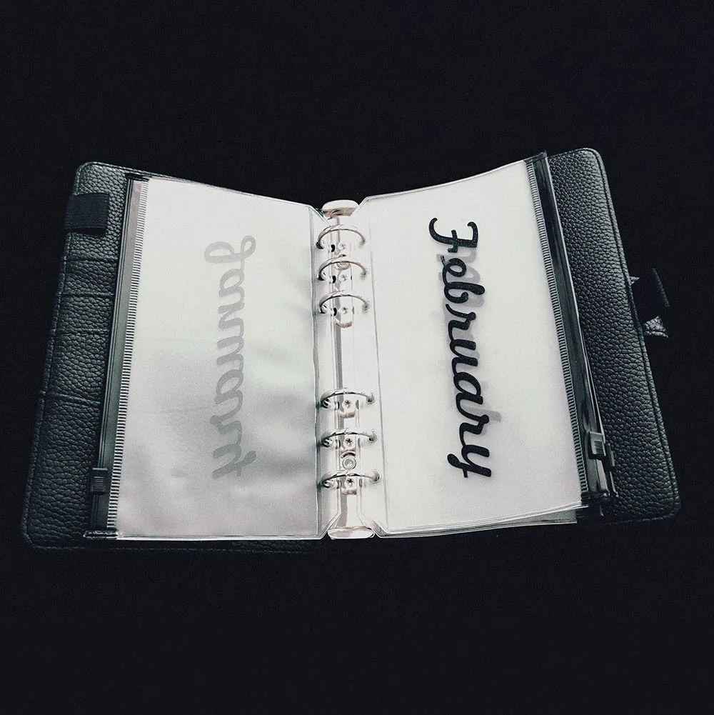 A5 A6 12PCS Black Flashing Lettering Loose Leaf Month Zpper Bag 6-hole Financial Management Budget Envelope English Month Plan