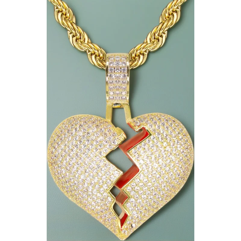 

Broken Heart Pendant Necklace Hip Hop CZ Fully Iced Out Bling CZ Diamond 24K White Gold Plated with 24" Stainless Rope Chain