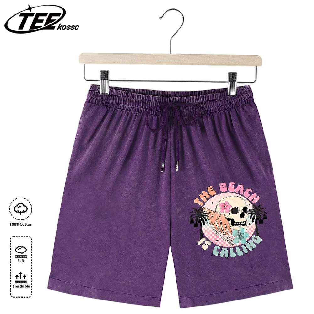 

The Beach Is Calling Skull Coconut Tree Pattern Mens Daily Washed Bottom Summer Simple Cotton Sportpants Retro Office Shorts