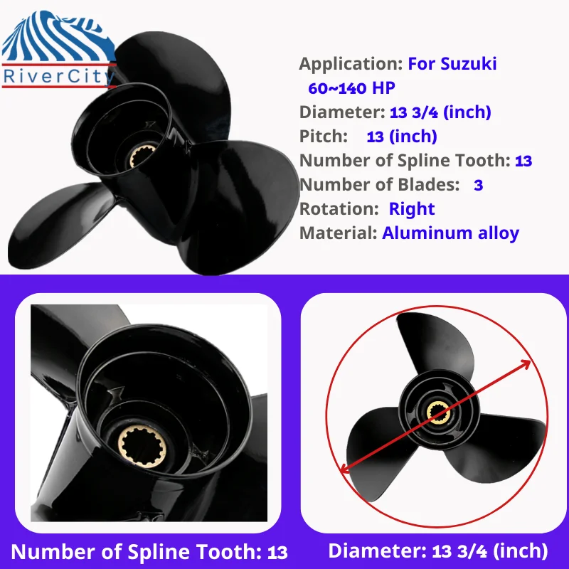 Propeller Boat 13 3/4x13 For SUZUKI 60hp 70hp 90hp 100hp 115hp 140hp Aluminum Prop 3 Blade 13 Tooth Boat Engine Part