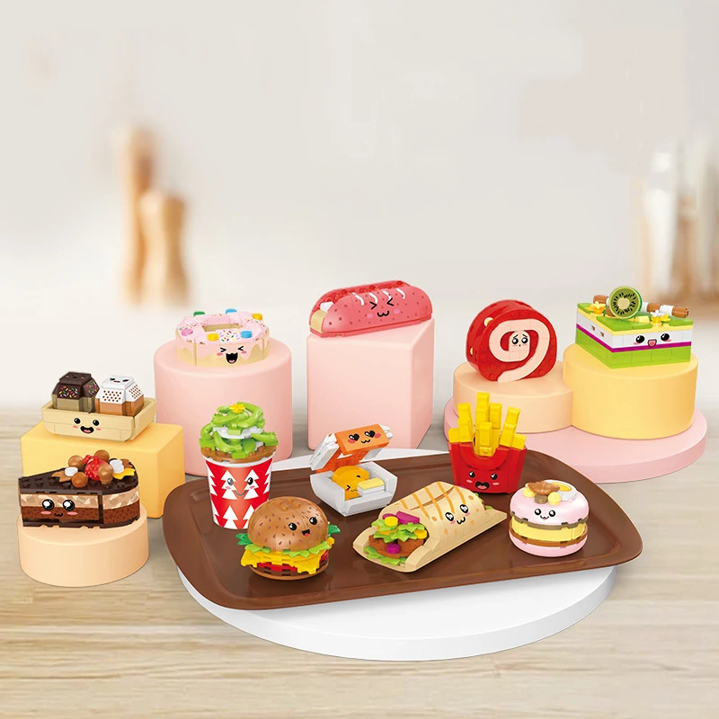 

Lovely Delicious Cartoon Food Mini Block Strawberry Bread Cupcake Macaron Chicken Roll Mousse Cake Donut Hamburger Brick Toys