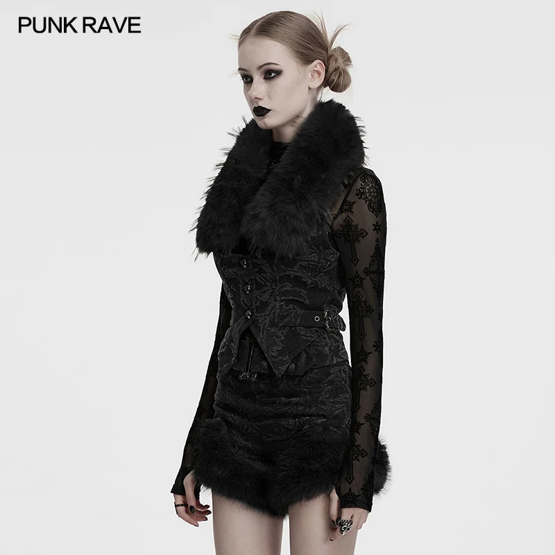 PUNK RAVE Women's Detachable Fur Collar Jacquard Denim & Woollen Vest  Artistic Irregular Pattern Halter Neck Tops Two Colors
