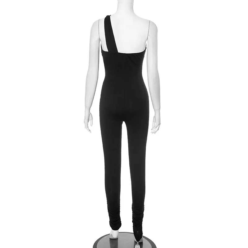 BKLD Women Clothing Fashion 2025 New Sexy Tight Jumpsuit Hollow Out One Shoulder Sleeveless Casual Black Jumpsuits One Pieces