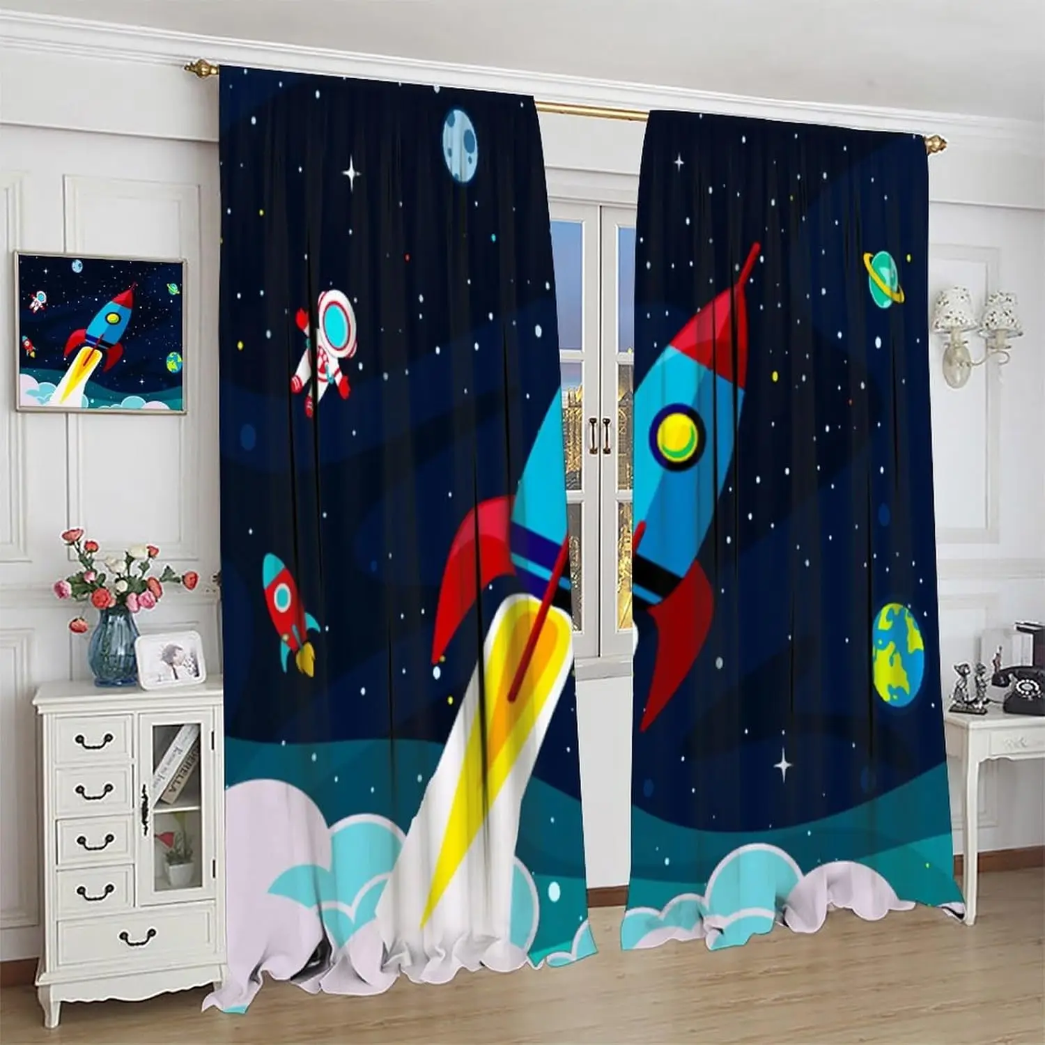 ستائر صاروخ رائد الفضاء للحضانة، كارتون مضحك جالاكسي الفضاء الخارجي الكون علاجات نافذة الأرض للأطفال الأولاد والرضع