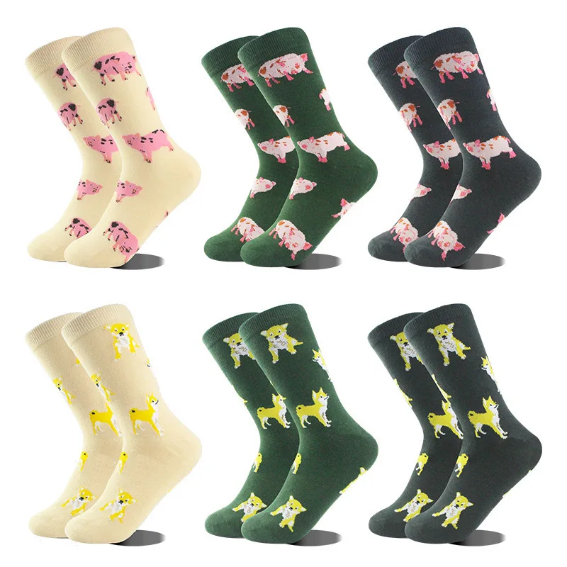 

1 Pair Cartoon Pet Dog And Pig Kawaii Cute Black Green Beige Lolita Girls Women Socks Cotton Knitting Soft Daily Socks
