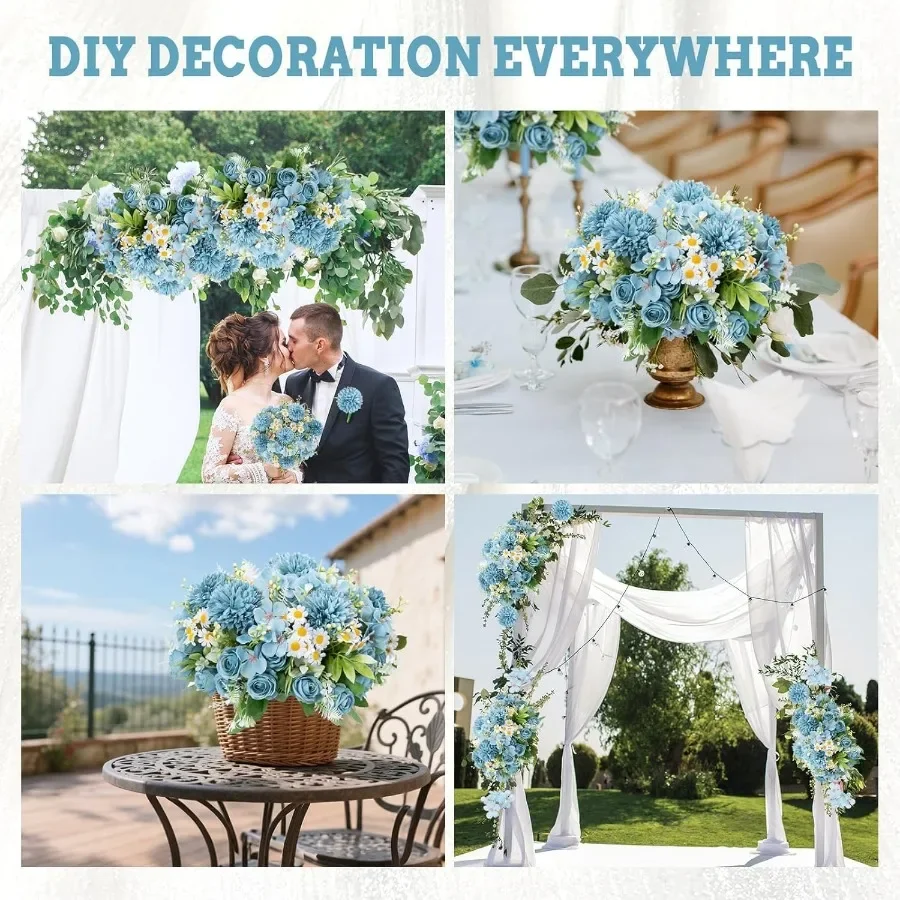 12 حزمة من الزهور الاصطناعية زهرة الورد المزيفة الزرقاء ترتيبات زهور الكوبية المختلطة لطاولة الزفاف ذاتية الصنع