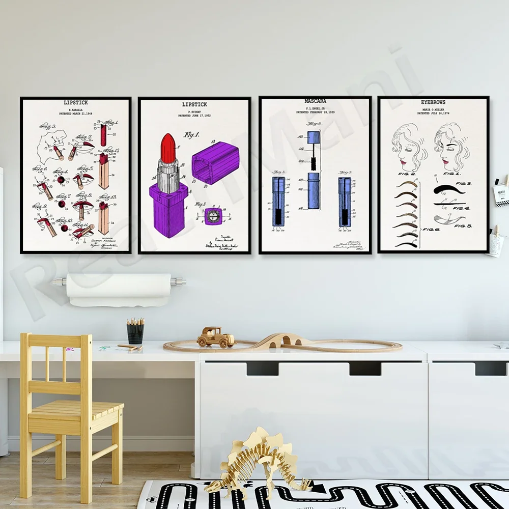 Eyebrows, lipstick, mascara patent, beautician beauty salon decoration, makeup artist gift fashion colorful patent print poster