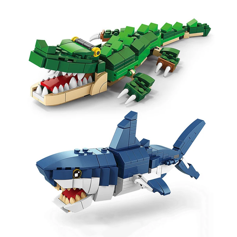 Moc Ocean Marine Fish 3in1 Animals Shark Crocodile Model Set Building Blocks Diy Assemble Blocks Creativity Toy for Gift