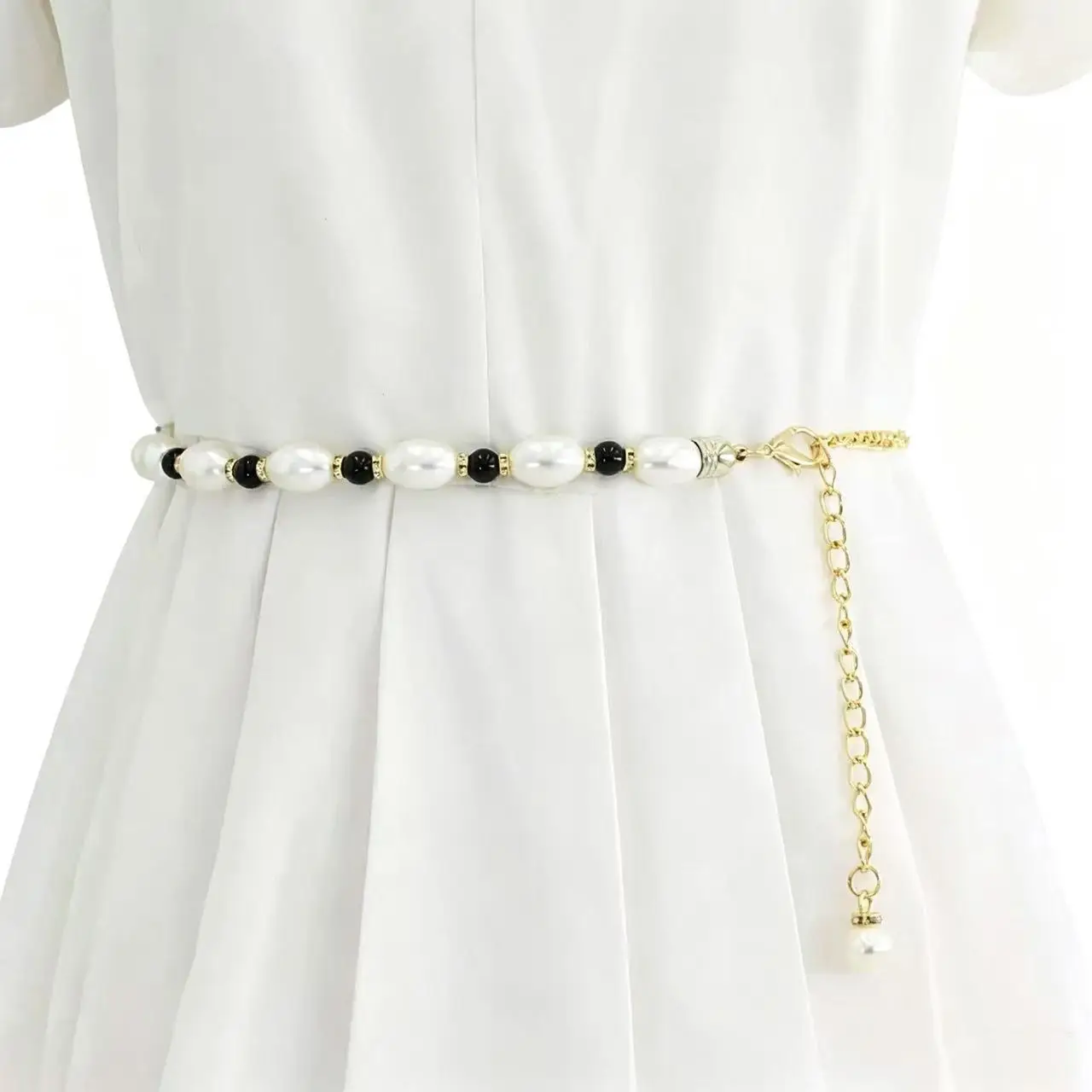 New Spring and Summer Women's Simple Dress with Decorative Waist Belt and Suit Skirt, Personalized Rhinestone-Embellished Pearl Waist Chain 115cm