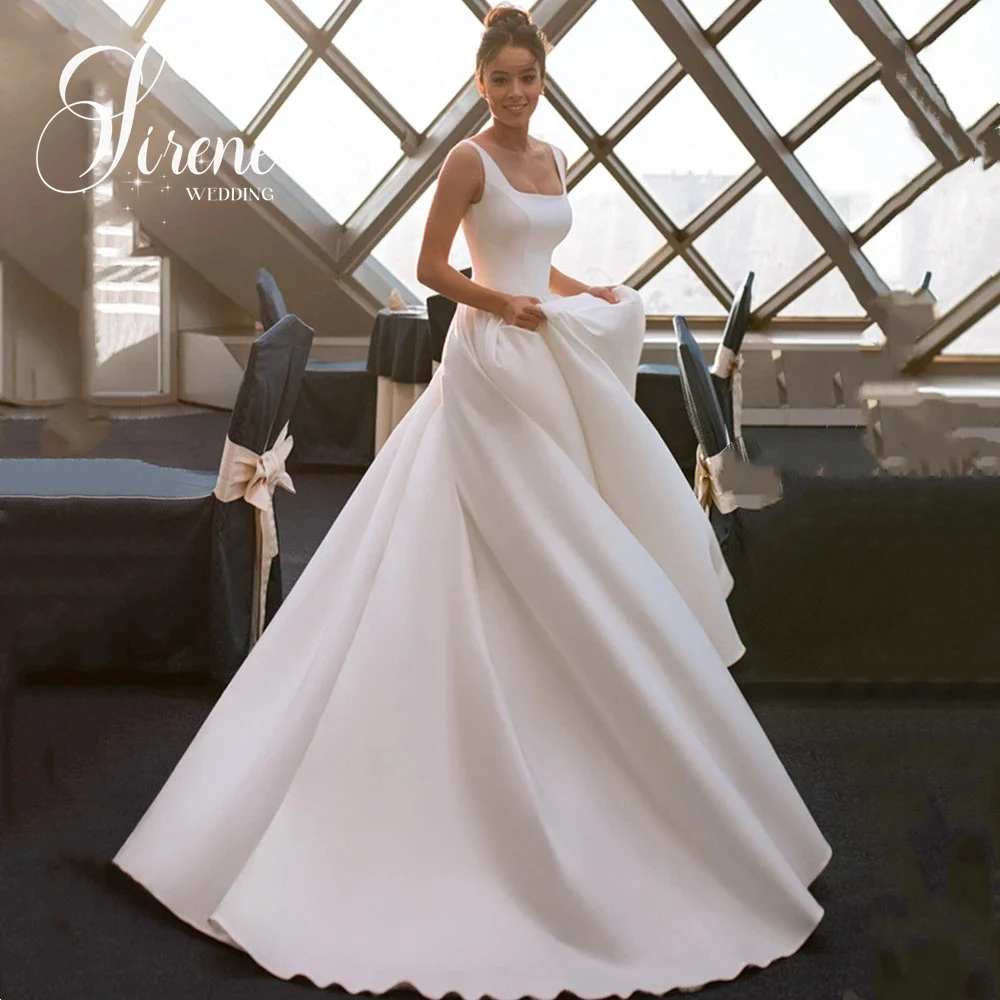 فساتين زفاف بسيطة على شكل حرف a من Sirene من الساتان بياقة مربعة فساتين العروس بطول الأرض بدون أكمام رداء بدون ظهر للحفلات الراقصة حسب الطلب