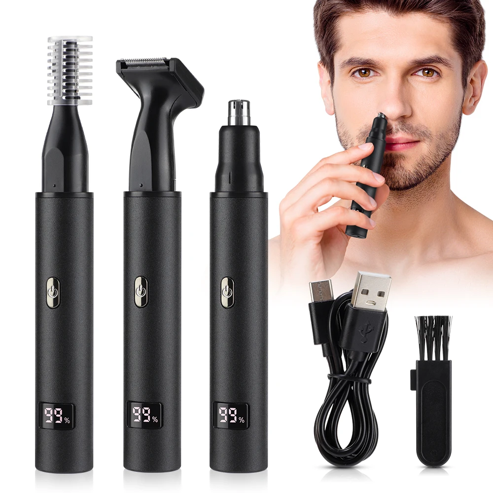 

3 in 1 Electric Nose Ear Hair Trimmer for Men LED Display Painless Sideburns Eyebrow Beard Hair Clipper Shaver USB Rechargeable