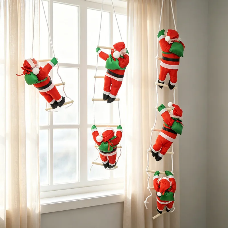 Santa Claus Climbing Ladder Doll Ornament, Wall Window Hanging Decoration for Christmas Home Party Decor