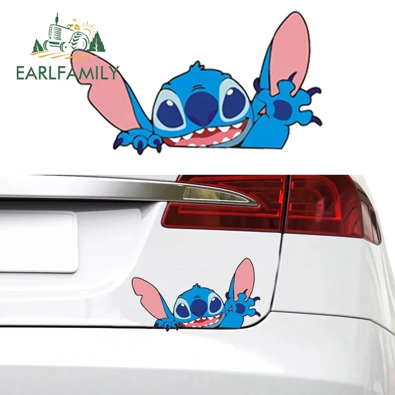 EARLFAMILY 13cm x 7.7cm Cartoon Kawaii Stitch Peek Car Sticker Anime Funny Wave Decal Car Styling Creative Caravan Graphics