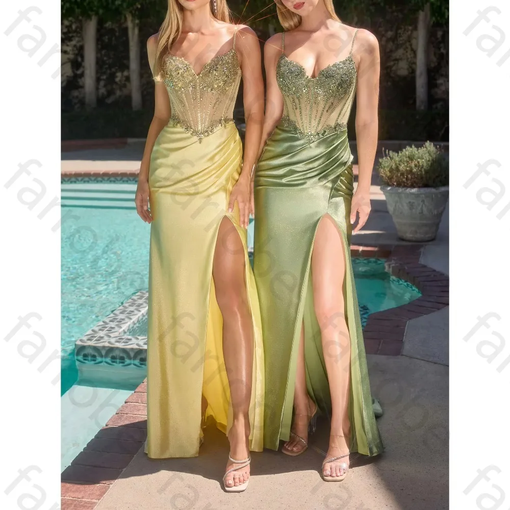 Maßgeschneiderte Abendkleider mit Spaghettiträgern, ärmellos, elegantes, rückenfreies Kleid mit Seitenschlitz, exquisite, hochwertige Ballkleider