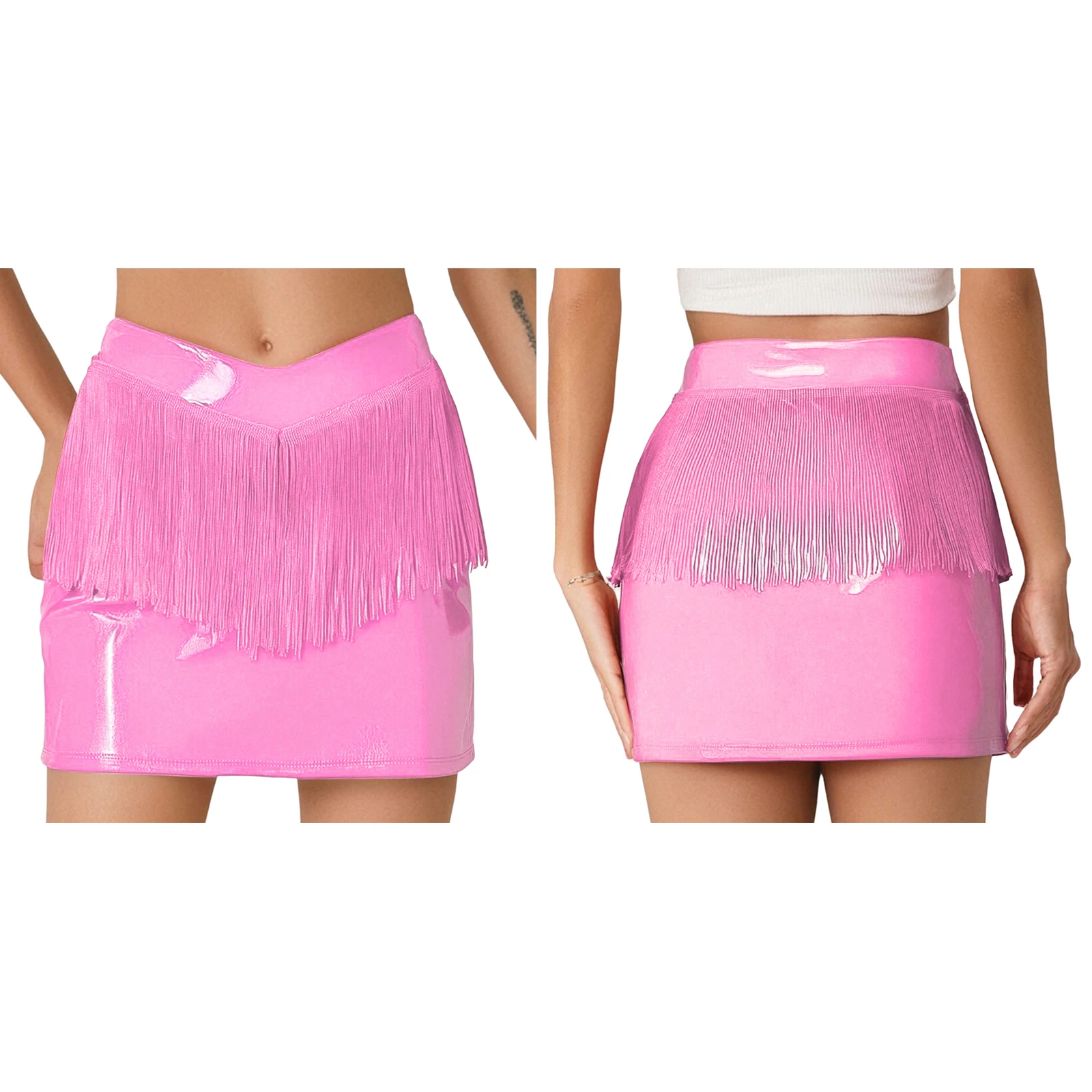 

Women Fashion Patent Leather Fringed Skirt V-Front Side Invisible Zipper Miniskirt for Nightclub Dance Rave Party Music Festival