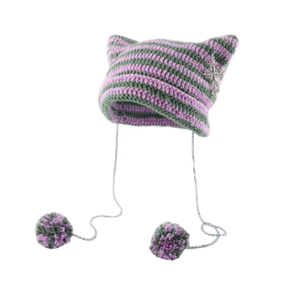 Hip-hop Y2K Cute Y2K Beanie Hat Striped Devil Ear Cat Knitted Beanie Hat Autumn Winter