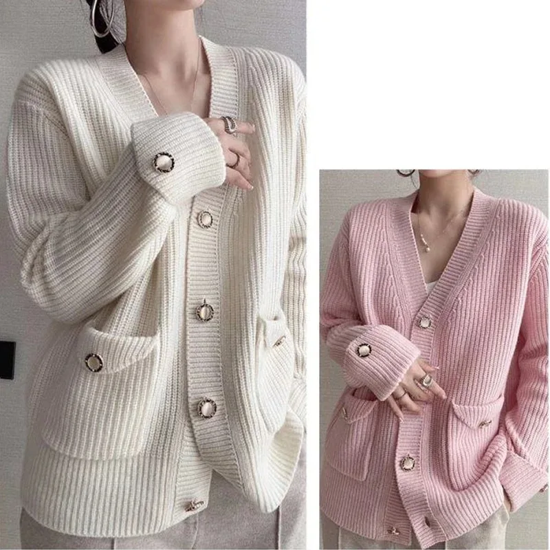 Casual Button Pocket Knitted Cardigan Autumn Winter Korean Fashion Women Tops Loose Knit Coat Sweater Outerwear Clothing 28347