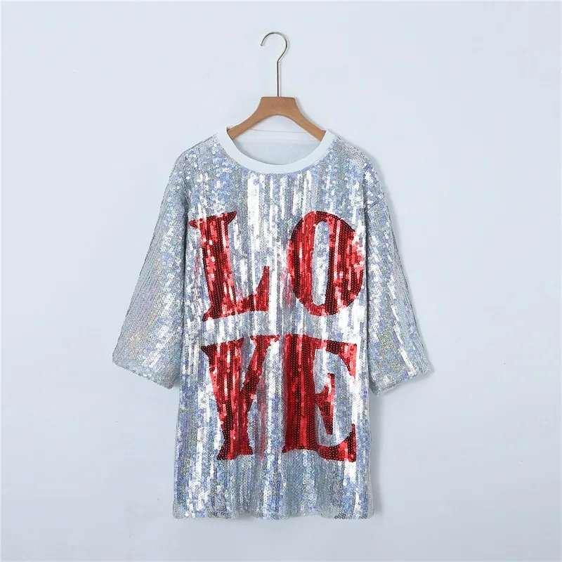 New Baseball Football Game Female Tops Sequin Women Love Prinetd Jersey Dress