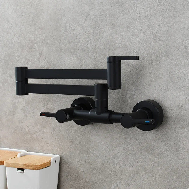 Modern Wall Mount Kitchen Faucet With Ceramic Valve Core Stain-Resistant & Easy to Clean Dual Holes Concealed Pot Filler Tap