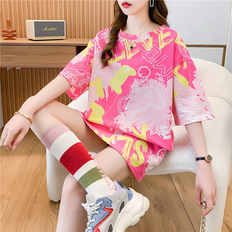 Loose Women\'s T-Shirt Short Sleeve Mid-Length plus Size 2024 New Summer Fashion Design Korean Style round Neck Polyester Blend