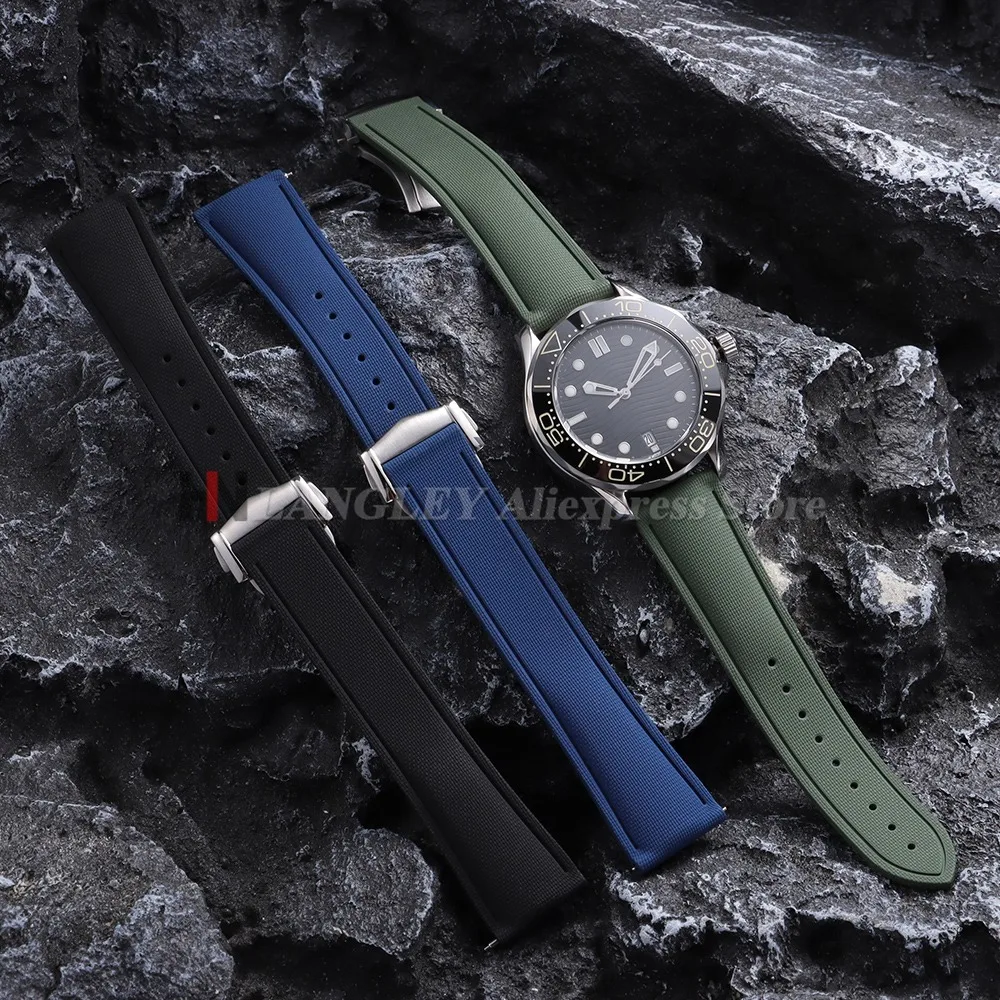 High Quality FKM Rubber Watch Strap for Omega Seamaster Woven Oattern Sport Deployant Watch Band 20mm 21mm 22mm for Rolex Bands