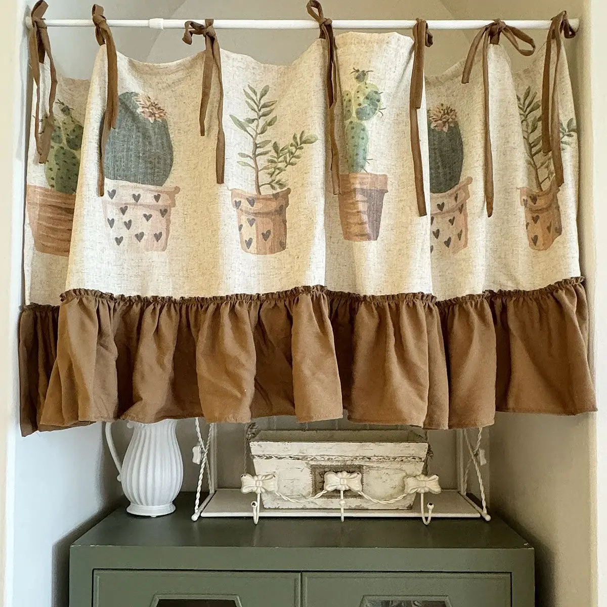 Desert Cactus Green Plants Pattern Cotton Linen Blend Fabric Half Curtain Beige Splicing Cloth Kitchen Small Window Door Decorat