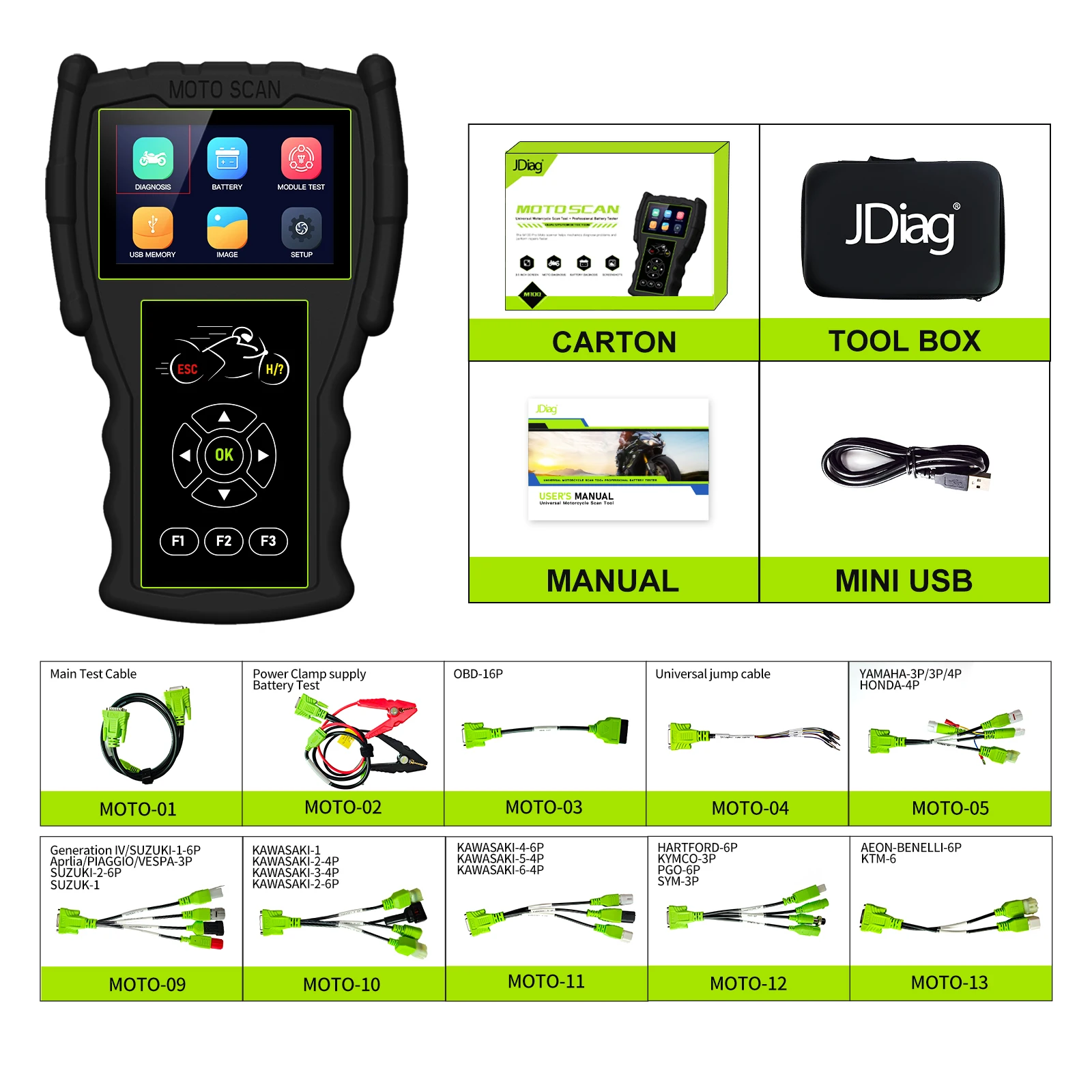 เครื่องสแกนวินิจฉัยมอเตอร์ไซค์ JDiag M100 Pro OBD2 เครื่องมือวินิจฉัยข้อบกพร่อง อ่านโค้ดมอเตอร์ไซค์ สำหรับ BMW Kawasaki Yamaha Suzuki KTM