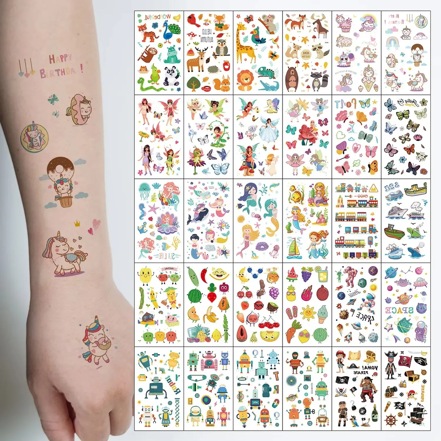 

4pcs Waterproof Temporary Tattoo Sticker Pandas birds elephants butterfly elf mermaid Fake Tatto Flash Tatoo Tato for Girl Women