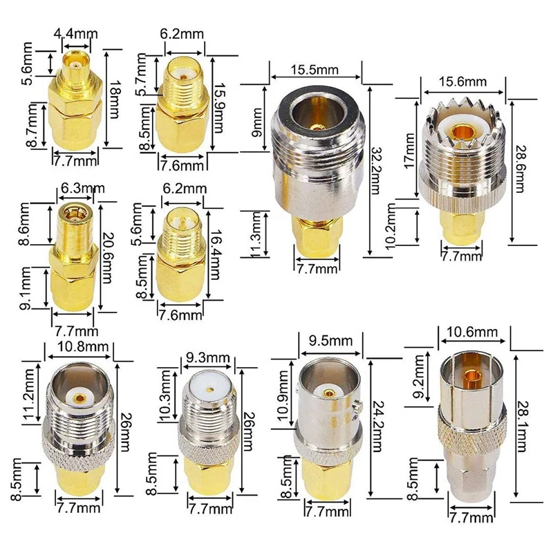 Set adaptor SMA, 10 jenis Set, SMA Male ke N/F/BNC/UHF/MCX/SMB/TV/TNC, konverter uji berlapis emas nikel lurus