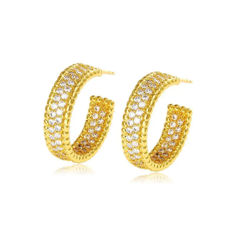 Wholesale--- C shaped Full Micro Inlay Zircon Hoop Earrings for Women Fashion Jewelry Gold Plated 24 k