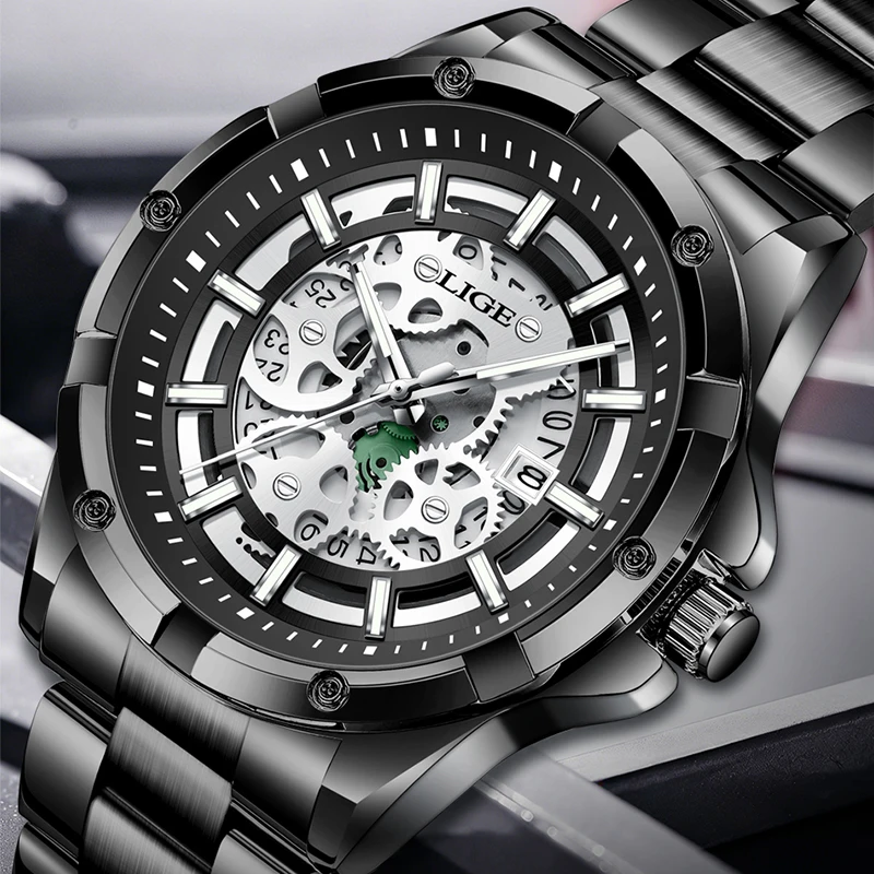 

Мужские часы LIGE с уникальным креативным дизайном, кварцевые, повседневные, роскошные, с браслетом из нержавеющей стали, водонепроницаемые, с автоматической датой, с ажурным циферблатом.
