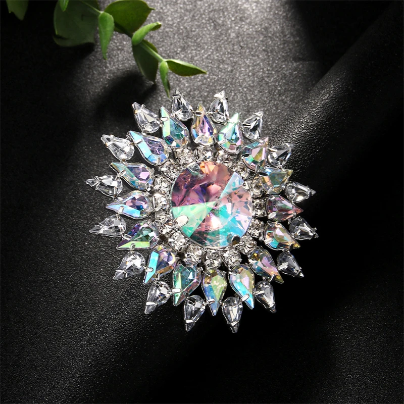 Stonefans Exaggerated AB Color Rhinestone Rings For Women High Quality Large Flower Aesthetic Oversize Drag Queen Accessories