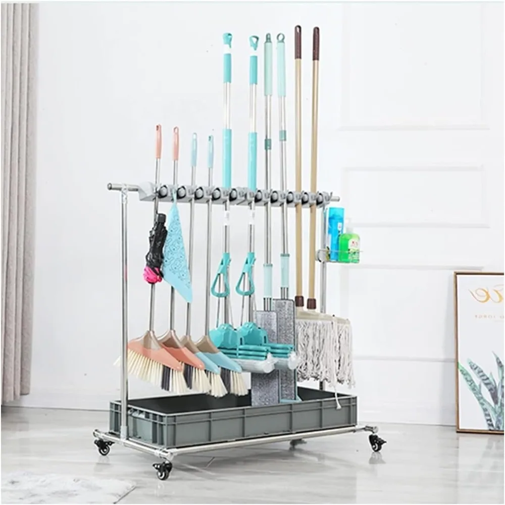 

Portable Wheeled Broom and Mop Storage Cart with Hanging Organizer and Drain Rack for Garden Tools