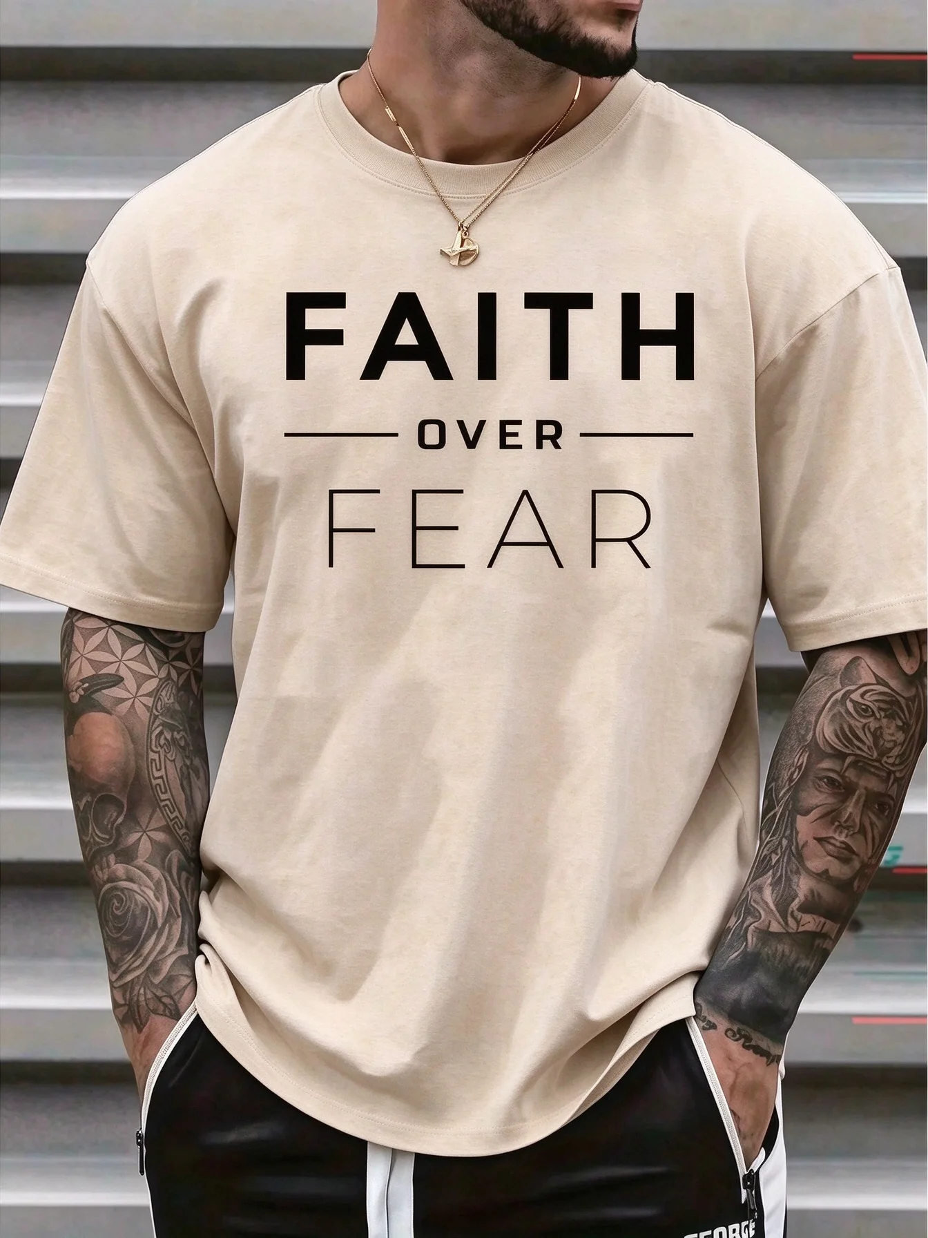 2026 New FAITH OVER FEAR Family Matching Oversized Unisex T Shirt Faith Over Fear Text Chest Graphic Tee Streetwear Cotton Top