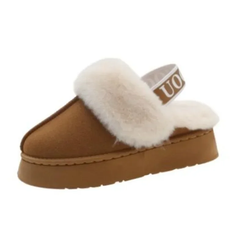 Fashion thick-soled women\'s slippers casual home suede fur warm open-heel flip-flops uggs brand plush cotton slippers flat shoes