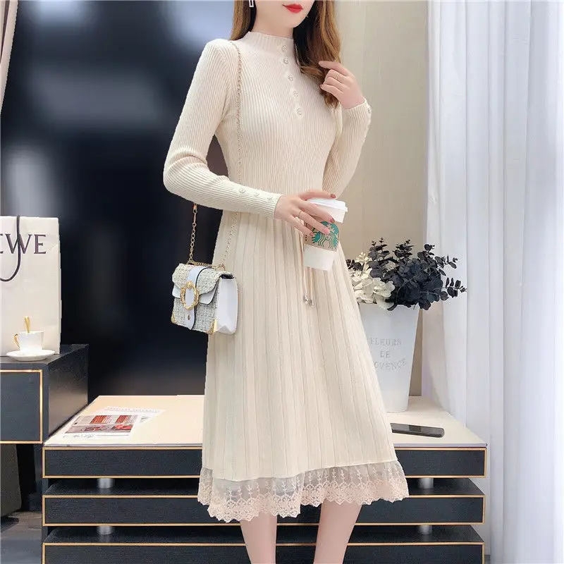Elegant Stand Collar Spliced Bandage Lace Midi Dress Women\'s Clothing Autumn Winter Loose Knitted All-match Ladies Dresses