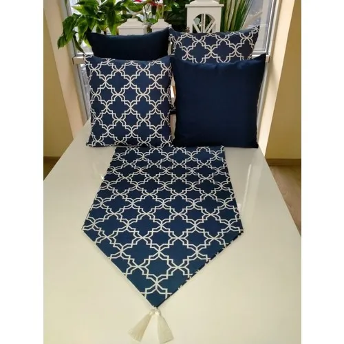 Rose Queen Matte Dark Blue Moroccan Patterned Runner and 4 Pcs Pillow decorate Case