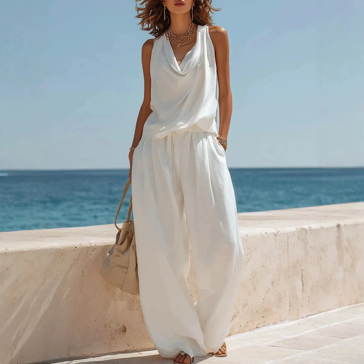 

Summer Vintage Linen Two Piece Suit Solid Color V Neck Tank Top Wide Leg Pant Set Casual Sleeveless Loose Vacation Outfit
