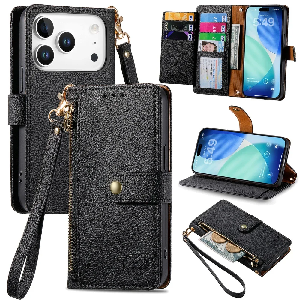 For iPhone 17 16 15 14 13 12 11 Pro Max Plus Case Luxury Leather Zipper RFID Wallet Card Slot Wrist Strap Shockproof Hard Cover