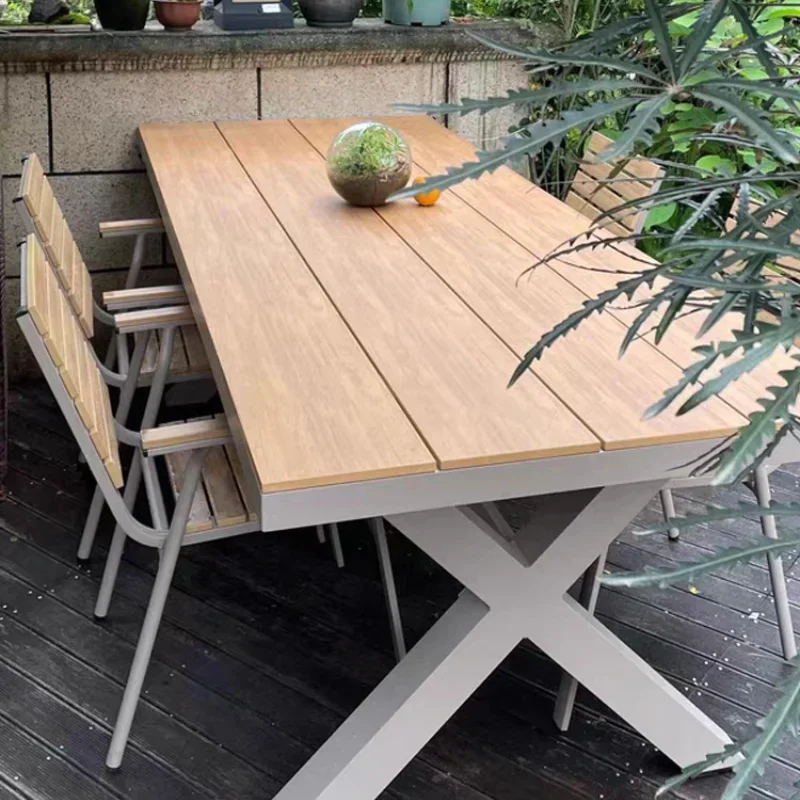 Mesas largas de madera antisépticas de ocio para jardín al aire libre, juego de muebles de plástico, protector solar, impermeable, Comercial