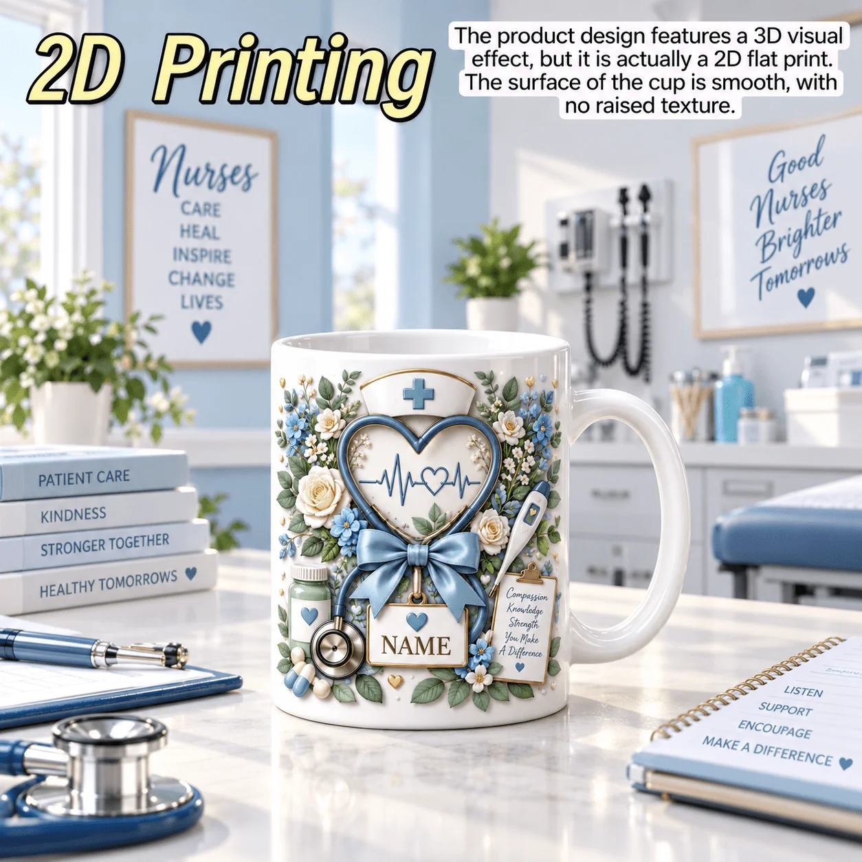 Personalized Nurse Mug 11oz Custom Name Blue Floral Ceramic Coffee Cup 2D Print Stethoscope Heart Nurse Hat Novelty Gift for Fem